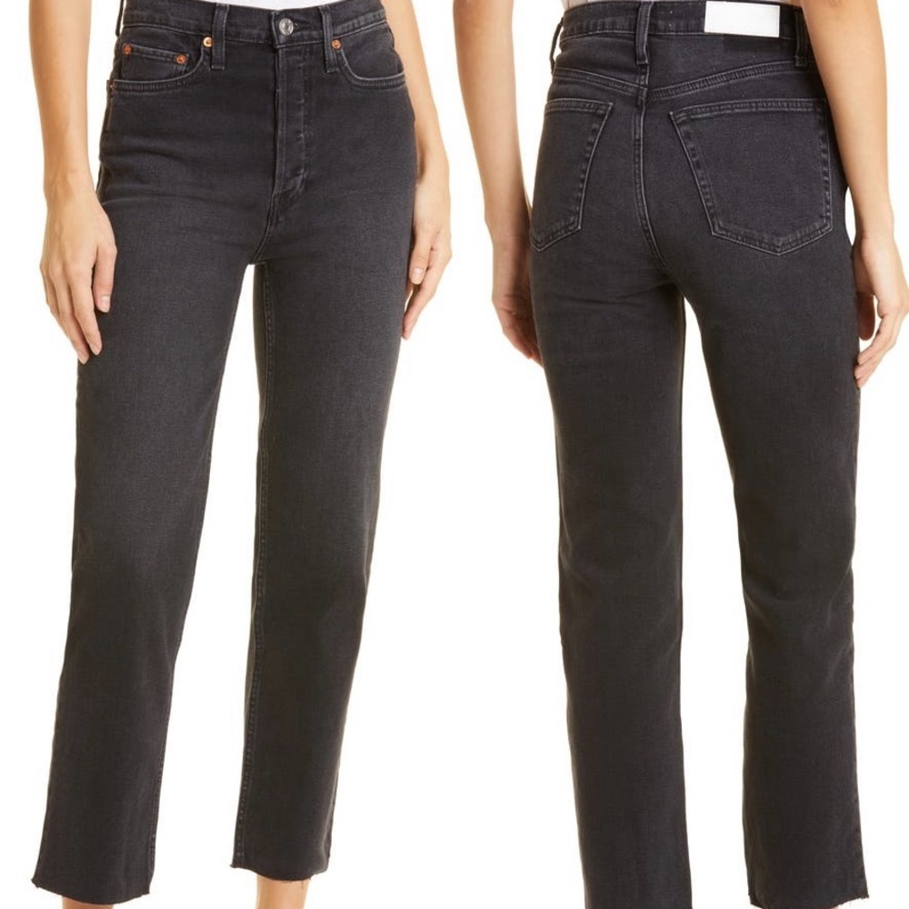 Re/done 70s high waist raw hem stove pipe jeans. Size 28.